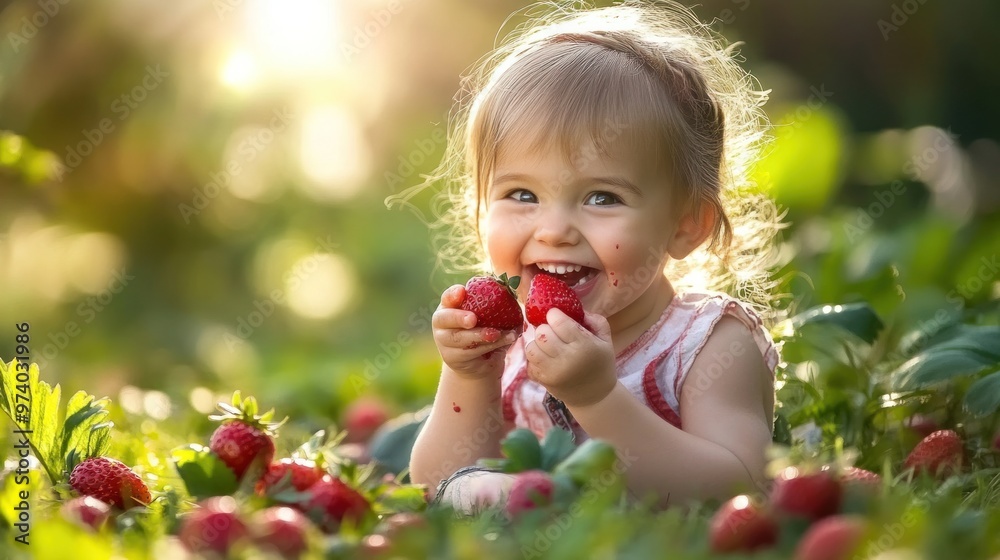 Child with strawberries, sitting on the grass and eating freshly picked berries, with a big smile and berry juice on their fingers Child with strawberries, sitting on the grass and eating freshly picked berries, with a big smile and berry juice on their fingers