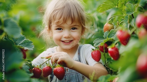 Child picking strawberries in a lush garden, with bright red strawberries visible on the plants and a joyful expression on the child's face
