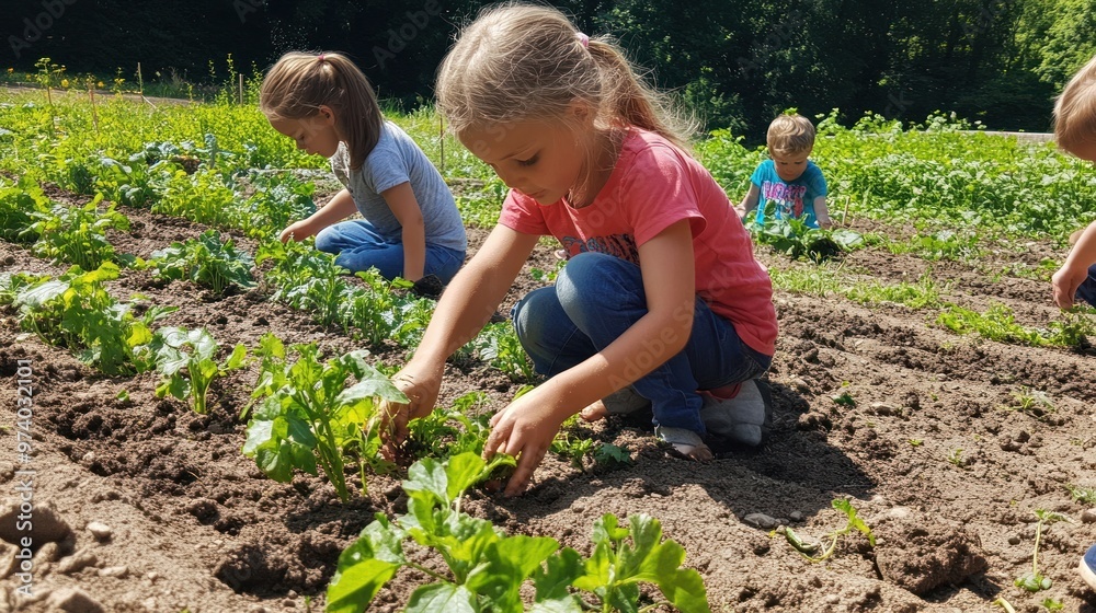 Children farming and participating in a hands-on gardening experience, planting seeds and watering plants in a community garden Children farming and participating in a hands-on gardening experience, planting seeds and watering plants in a community garden