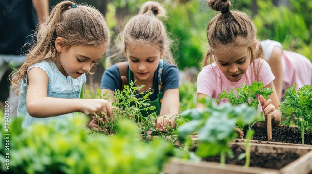 Children farming and participating in a hands-on gardening experience, planting seeds and watering plants in a community garden Children farming and participating in a hands-on gardening experience, planting seeds and watering plants in a community garden