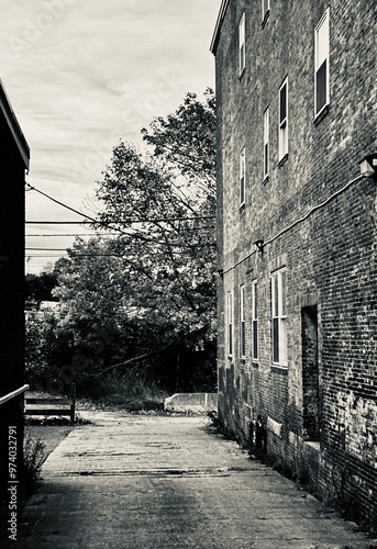 A narrow alleyway between brick buildings at night in Rockland, Maine, with a silvertone filter enhancing textures and shadows. photo