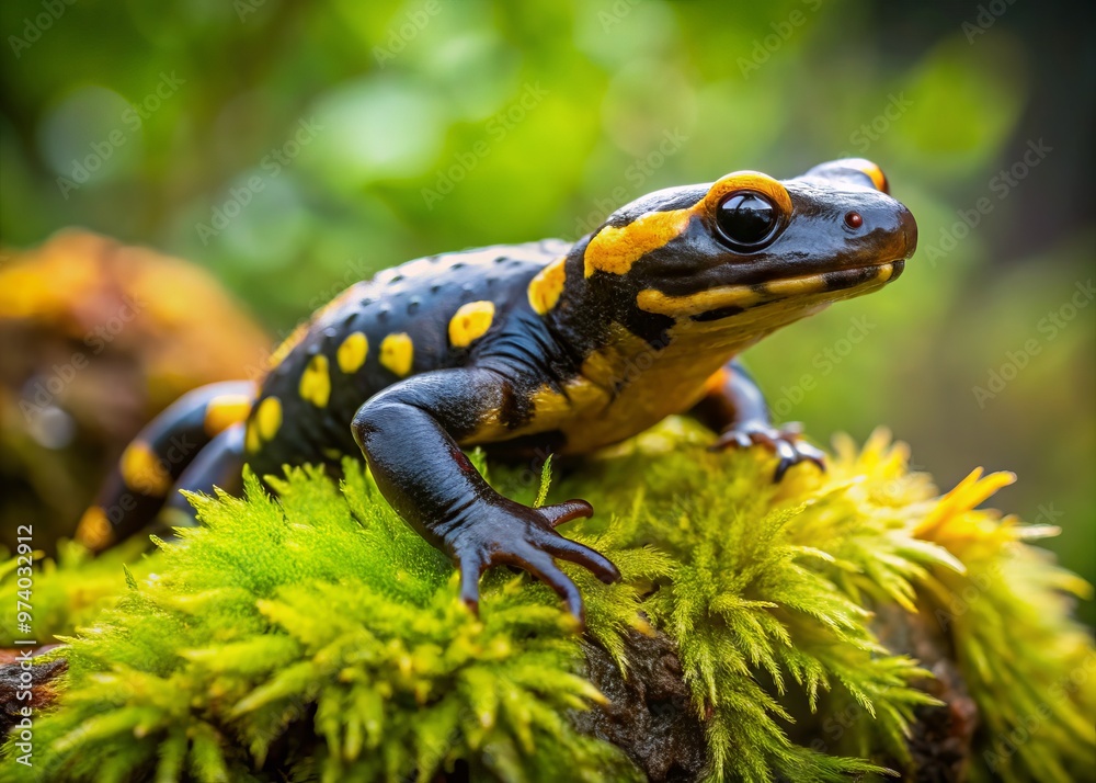 A vibrant yellow-spotted salamander perches on a moss-covered rock, its slender body and delicate legs frozen in A vibrant yellow-spotted salamander perches on a moss-covered rock, its slender body and delicate legs frozen in