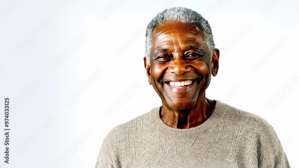 Gray-haired elderly black African-American man, smiling, isolated on white background with copyspace, wearing casual beige sweater Gray-haired elderly black African-American man, smiling, isolated on white background with copyspace, wearing casual beige sweater