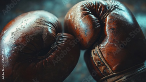 Close-up of boxing gloves in the ring, showing wear and tear, symbolizing the toughness of the sport photo