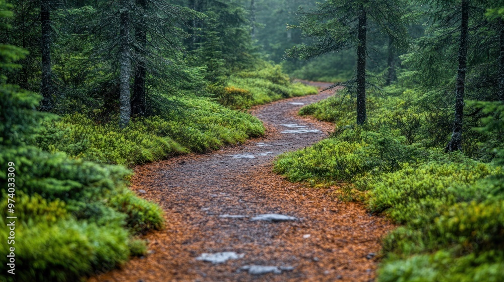Fototapeta premium A serene forest path lined with greenery and fallen leaves.
