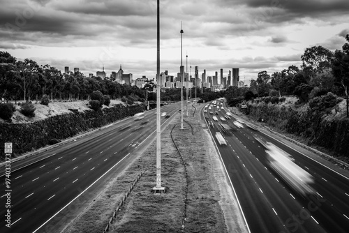 Eastern Freeway overpass overlooking Melbourne CBD City Black and White