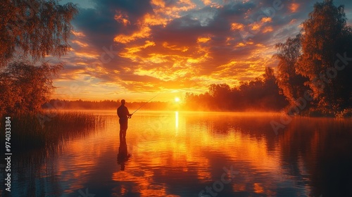 A Tranquil Evening Scene of a Man Fishing at Sunset in a Serene Lake, Perfect for Outdoor Adventure Illustrations