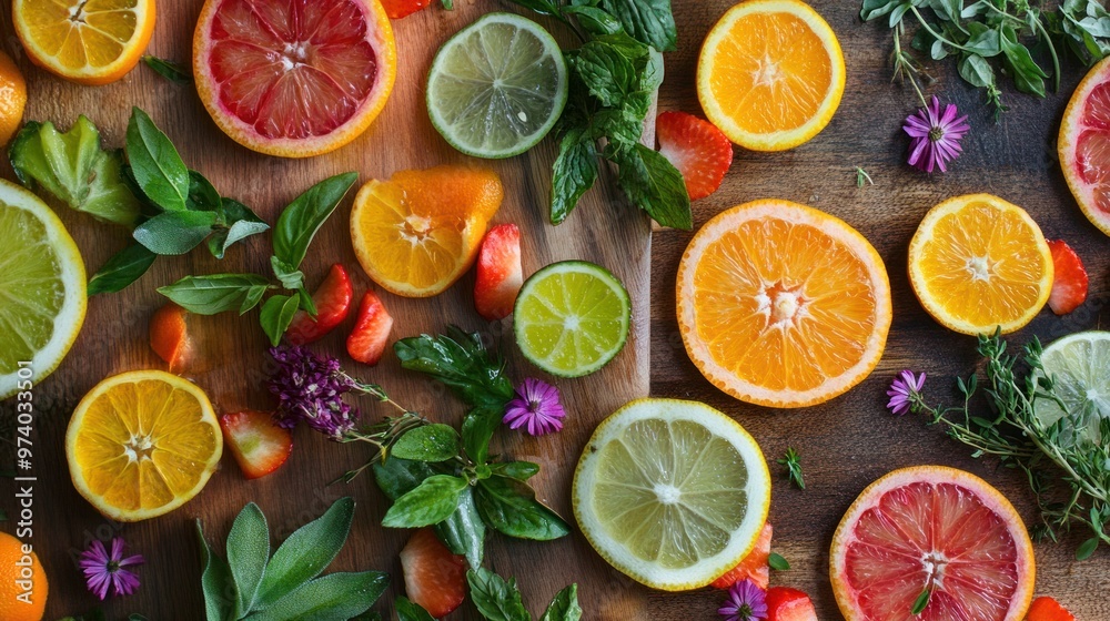 Cocktail garnishes close-up, showing an array of colorful and artistic garnishes like citrus wheels, fruit skewers, and herb sprigs on a cutting board