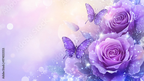 Fototapeta Naklejka Na Ścianę i Meble -  Beautiful Purple rose flowers with white sparkles on a light background, wallpaper, simple design, copy space, banner, posters, cover design templates