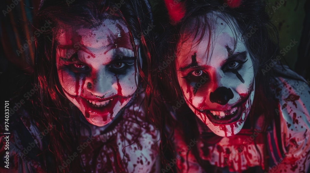 Two people in bloody clown makeup at a creepy Halloween party Two people in bloody clown makeup at a creepy Halloween party