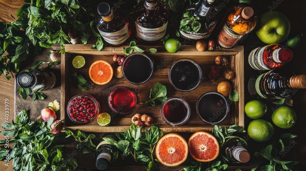 Cocktail recipes displayed in a flat lay, showcasing ingredients like fresh fruits, herbs, and bottles of spirits arranged around a classic cocktail Cocktail recipes displayed in a flat lay, showcasing ingredients like fresh fruits, herbs, and bottles of spirits arranged around a classic cocktail