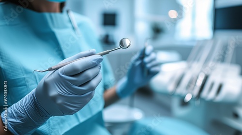 A dentist's hand holding a dental tool in a sterile, professional clinical setting, showcasing dental care and hygiene in a clean environment.