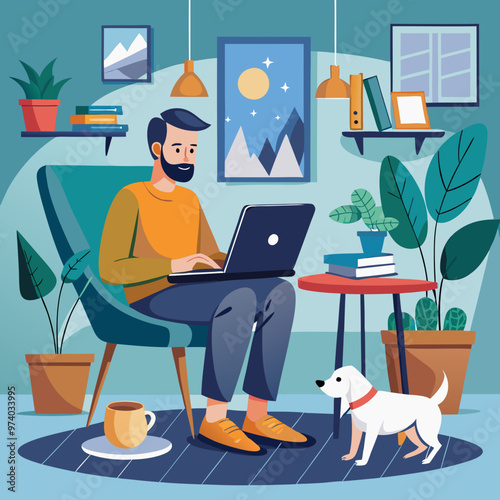 Man working from home with a white dog
