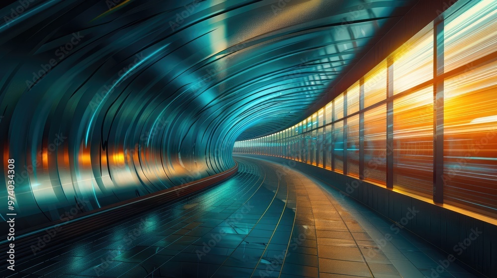 Fototapeta premium Brightly lit futuristic tunnel with curved architectural design and fast moving light creating a dynamic surreal and technologically advanced atmosphere