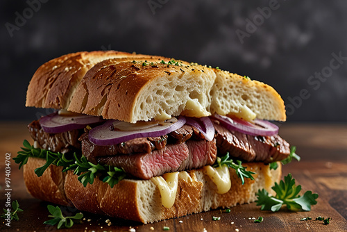 Close Up of Juicy Steak and Buttered Onion Sandwich on Crusty Bread