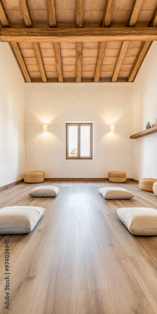 Fototapeta premium Minimalist rustic meditation a room with cushions, minimal wood furniture and a large window filling the space with natural lighting. Calming residential interiors in beige tones
