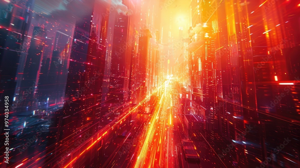 Obraz premium A visually striking futuristic cityscape with towering neon lit skyscrapers illuminated traffic and a dynamic digital landscape