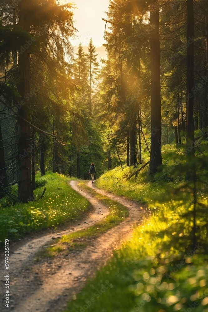 Fototapeta premium A tranquil winding path through a sunlit forest in early morning serenity