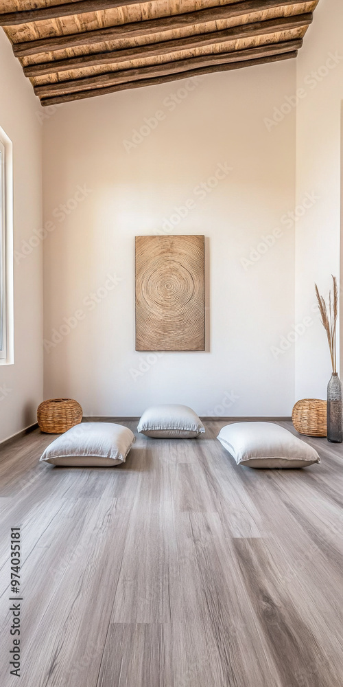 Fototapeta premium Minimalist rustic meditation a room with cushions, minimal wood furniture and a large window filling the space with natural lighting. Calming residential interiors in beige tones
