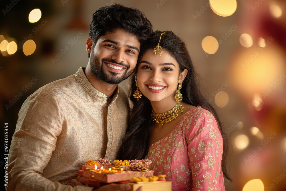 young indian couple celebrating diwali festival at home young indian couple celebrating diwali festival at home