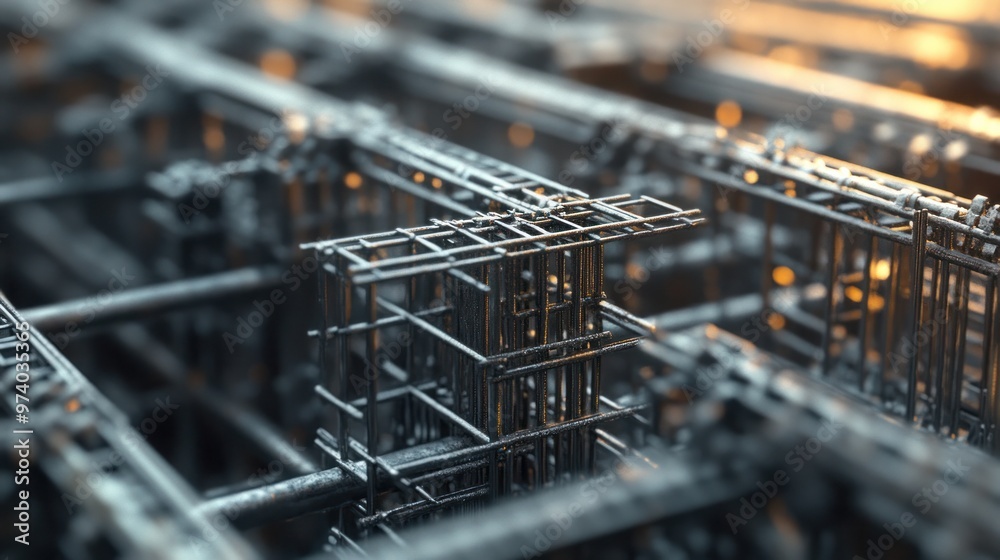Obraz premium Construction engineering detail showing close-up views of steel reinforcement, concrete pouring, and structural elements being assembled