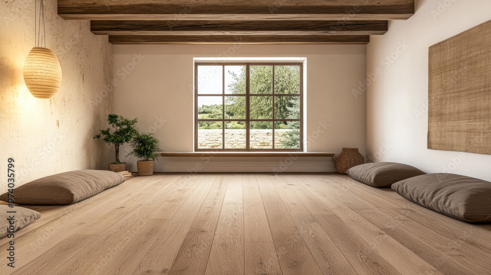 Fototapeta premium Minimalist rustic meditation a room with cushions, minimal wood furniture and a large window filling the space with natural lighting. Calming residential interiors in beige tones