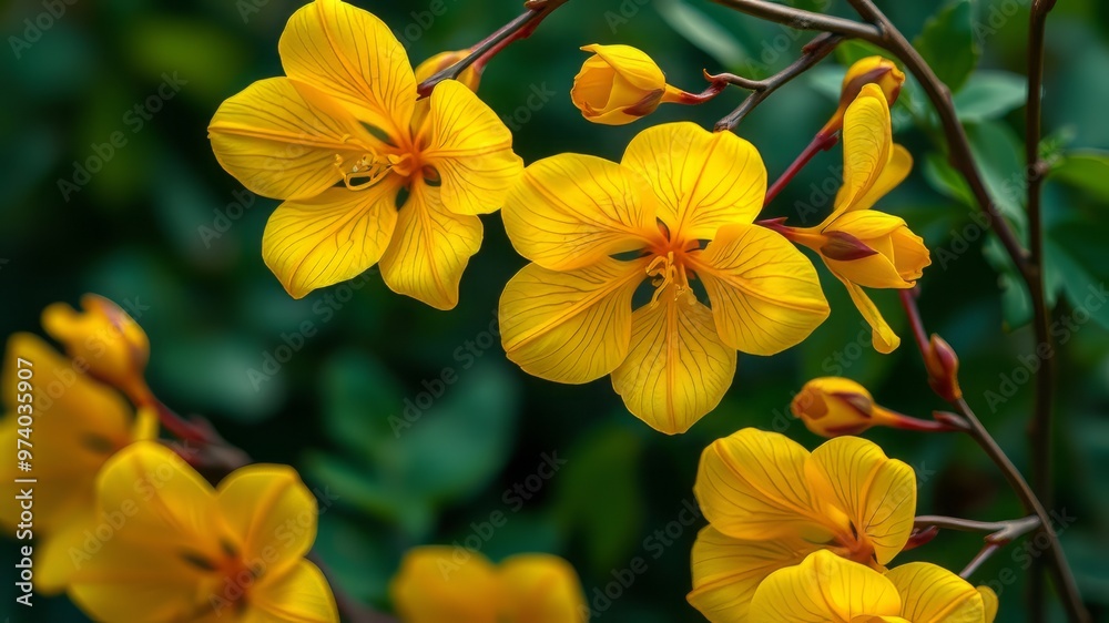 Fototapeta premium Delicate, curved petals of vibrant yellow flowers with a golden center, suspended from slender stems, amidst lush green
