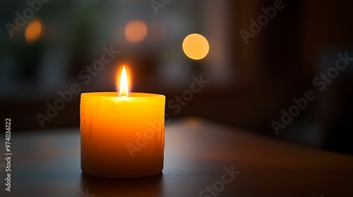 A softly glowing candle flame in a dimly lit room, casting a warm, calming ambiance and gentle light in the dark.