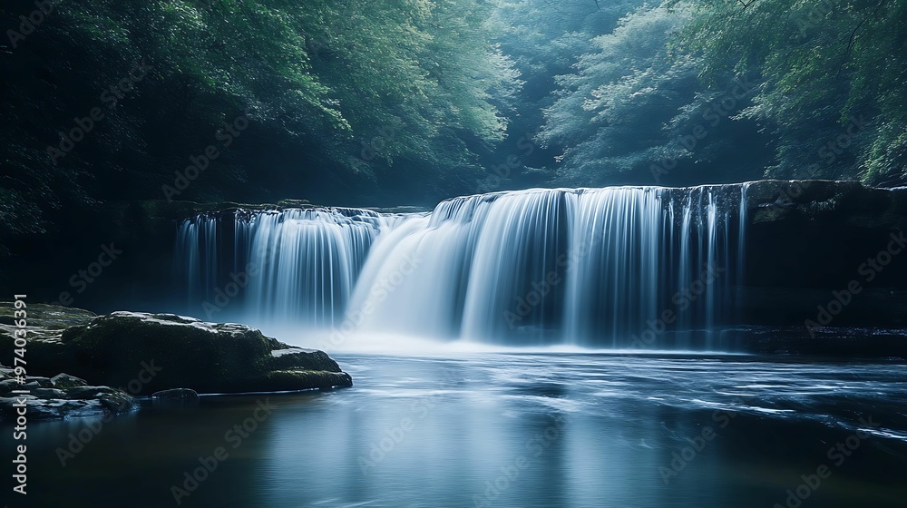 Fototapeta premium A serene waterfall cascading into a calm pool, surrounded by dense green forest, creating a peaceful and natural atmosphere.