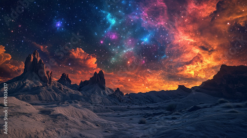 Cosmic Dreamscape: A breathtaking panorama of a surreal landscape bathed in the ethereal glow of a vibrant nebula, evoking a sense of awe and wonder. 