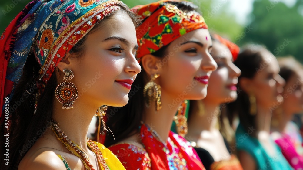 Cultural attire of women at a folk festival, showcasing a blend of historical and modern influences in their dresses Cultural attire of women at a folk festival, showcasing a blend of historical and modern influences in their dresses