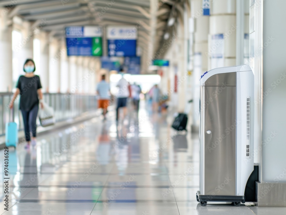 Modern sanitizing station in busy airport terminal supporting travelers' health and safety Modern sanitizing station in busy airport terminal supporting travelers' health and safety
