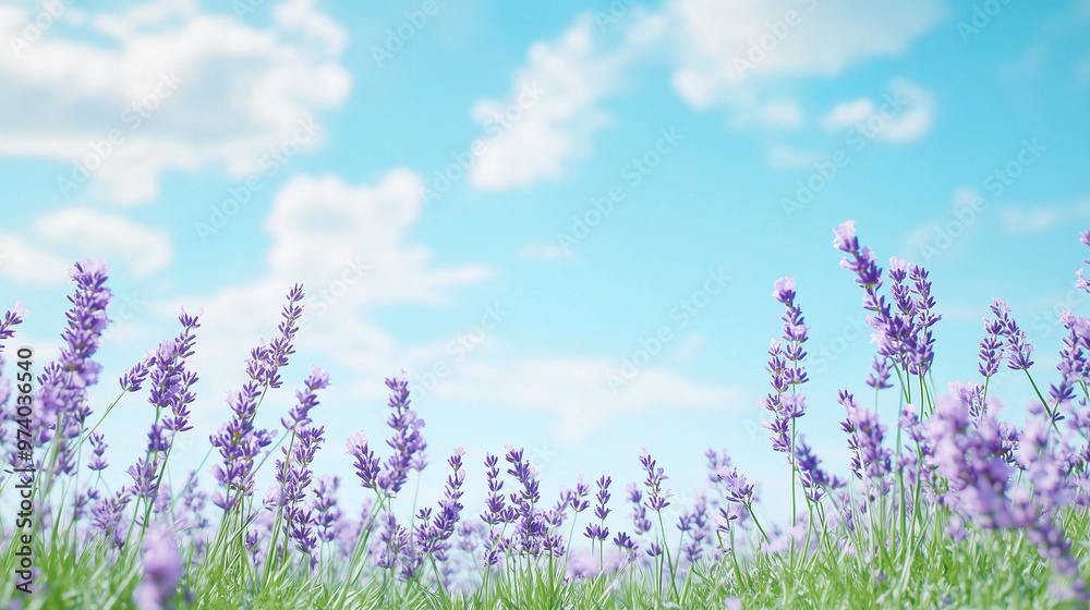 Naklejka premium Lavender Field Under Blue Sky: A field of lavender flowers reaches towards a bright blue sky, filled with soft, fluffy white clouds. The image evokes a sense of tranquility, peace, and serenity.