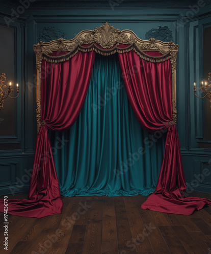 red stage curtains with a spotlight