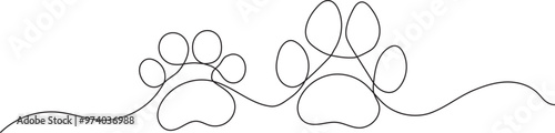 Paw prints. footprint pet, dog and cat. Continuous line animal. Drawing single outline