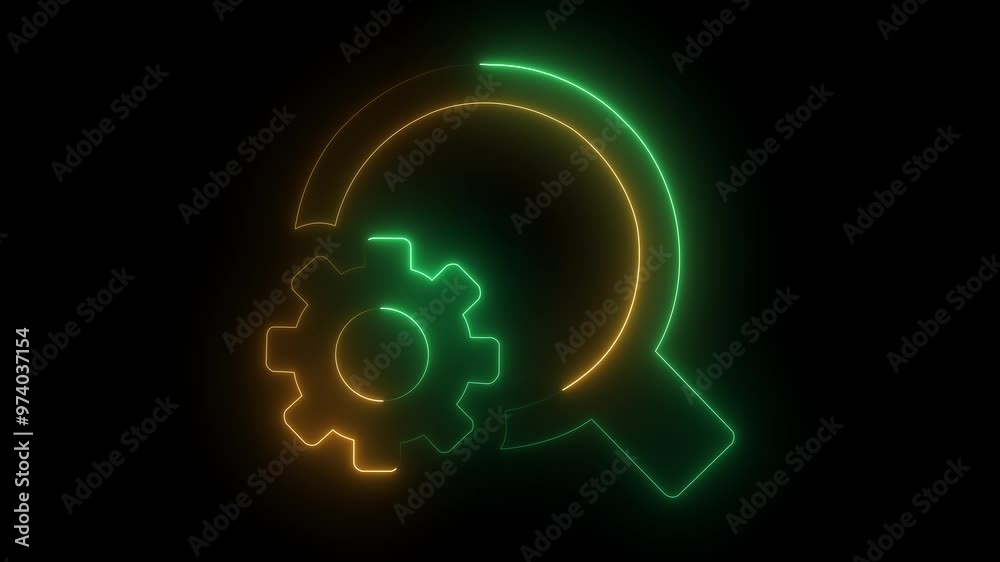 Glowing settings search icon neon line and search icon isolated on black background. Glowing settings search icon neon line and search icon isolated on black background.