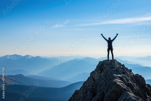 A person celebrates triumphantly atop a mountain peak with stunning views of surrounding valleys and distant mountains during a clear day