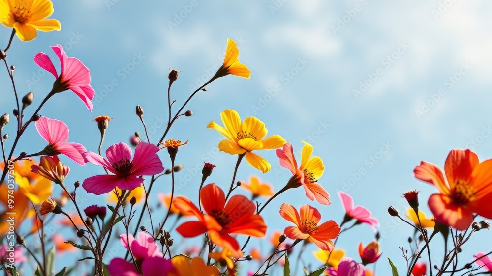 Vibrant fuchsia, yellow, and orange wildflowers bloom against a soft blue sky, their delicate petals swaying gently in Vibrant fuchsia, yellow, and orange wildflowers bloom against a soft blue sky, their delicate petals swaying gently in