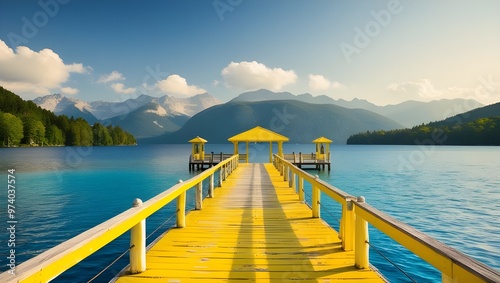 A serene and weathered yellow-painted wooden pier stretches tranquilly into the calm and crystal-clear blue lake, its wooden planks worn smooth by time and gentle waves, with the majestic mountains ri