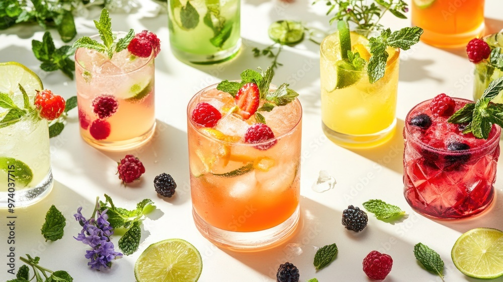 Drink recipes for a summer gathering, showcasing refreshing cocktails with ingredients like lime, mint, and berries, displayed in a colorful and appetizing manner Drink recipes for a summer gathering, showcasing refreshing cocktails with ingredients like lime, mint, and berries, displayed in a colorful and appetizing manner