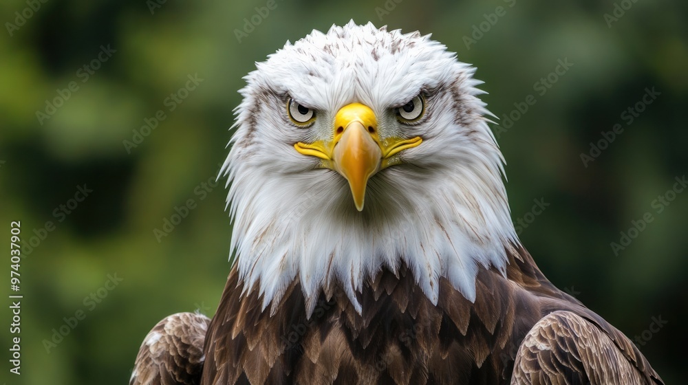 Eagle portrait, capturing the majestic features of the bird, with its sharp beak and intense gaze, set against a blurred wilderness Eagle portrait, capturing the majestic features of the bird, with its sharp beak and intense gaze, set against a blurred wilderness