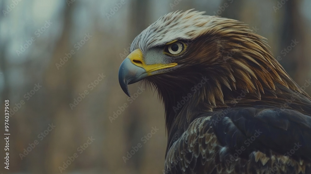 Fototapeta premium Eagle portrait, capturing the majestic features of the bird, with its sharp beak and intense gaze, set against a blurred wilderness