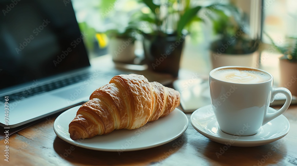 A cup of coffee with latte art and a croissant on a white plate, placed on a wooden desk with a laptop and potted plants nearby. A cup of coffee with latte art and a croissant on a white plate, placed on a wooden desk with a laptop and potted plants nearby.