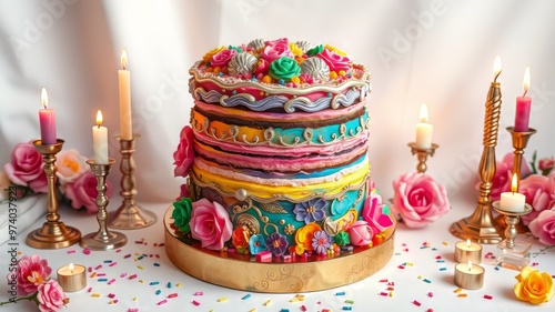 Vibrant, multicolored layered cake with rounded tiers, adorned with swirling silver and gold decorations, sitting on a photo