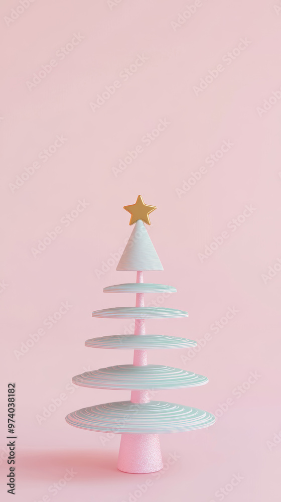 Stylish minimalist Christmas tree decoration with a star on top against a soft pink background Stylish minimalist Christmas tree decoration with a star on top against a soft pink background