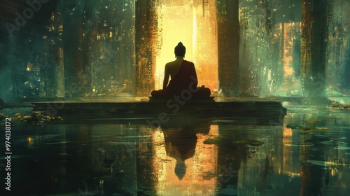 Eastern philosophy art focusing on themes of enlightenment and inner peace, featuring Buddha in a reflective pose