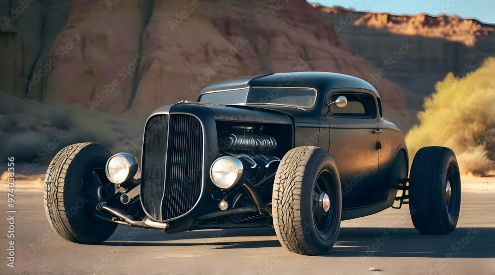 Beautiful unique black vintage hot rat rod car, automotive background, tuning template, wallpaper, auto transport