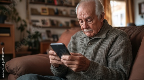 Elderly man using a smartphone, showing his hands interacting with the device, focused expression, background of a cozy living room