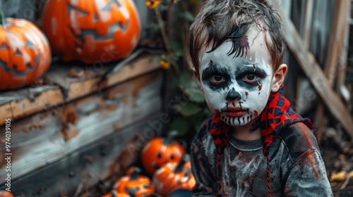 Boy with zombie makeup surrounded by pumpkins for Halloween photo