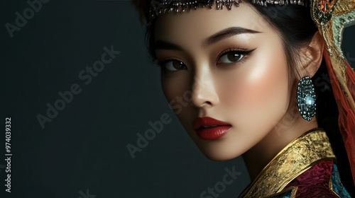 Ethnic Mongolian beauty concept, combining modern and traditional elements in a studio setting, with creative lighting and styling